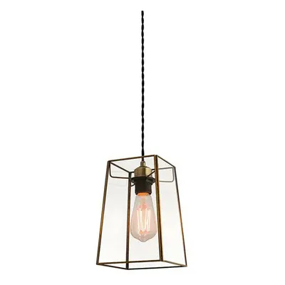 Hanging Ceiling Pendant Light Antique Brass & Square Glass Shade Sleek Box Lamp