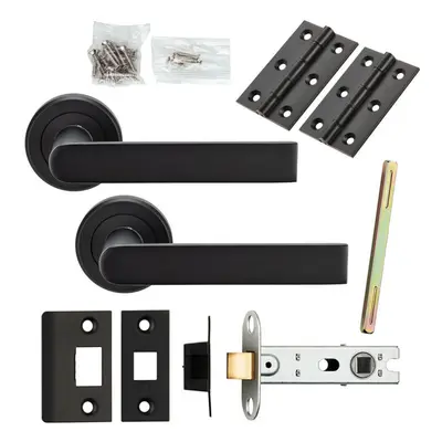 Door Handle & Latch Pack Matt Black Rectangular Lever Screwless Round Rose