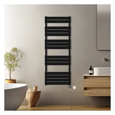 (Black, 1600x600mm) Pre-filled Electric Heated Towel Rail Radiator Flat Panel Thermostatic