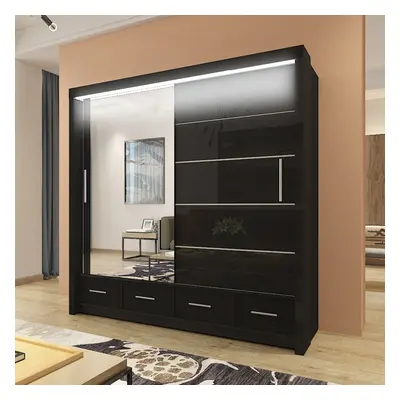 (207cm, Black) High Gloss Sliding Mirror Door Sycylia Wardrobe