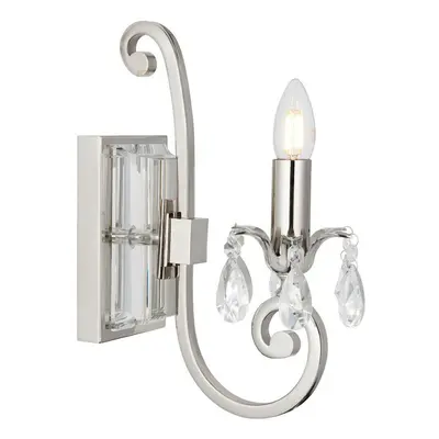 Esher Luxury Single Curved Arm Traditional Wall Light Bright Nickel Crystal Drop