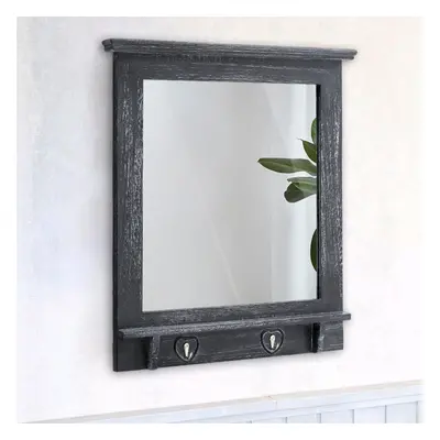 Hallway Bathroom Wall Mirror with Shelf Hooks Vintage Wooden Frame Mirror Decor