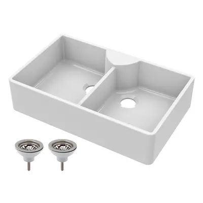 795mm - Double Bowl Fireclay Butler Kitchen Sink - Stepped Weir, Tap Ledge & Wastes