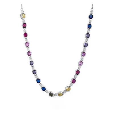 Jewelco London Rhodium Silver Rainbow Oval CZ Alternating Bezel Halo Raindrop Tennis Necklace - 