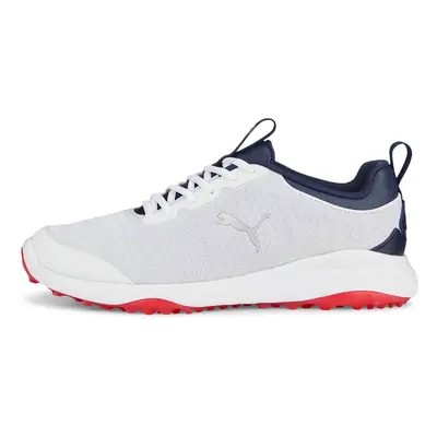 (UK 7.5, Puma White/Navy/Red) Puma Golf Mens Fusion Pro Waterproof Engineered Knit Spikeless Gol