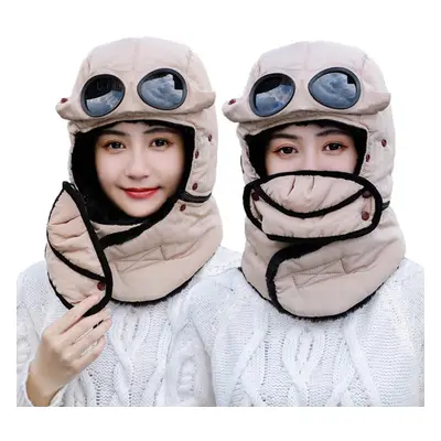 (Khaki) Men Women Thermal Winter Trapper Hat Face Mask Earflap Warmer Outdoor Warm Windproof Ski