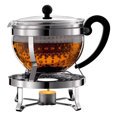 Bodum K11143-16 Chambord Set, tea maker with plastic filter 1.3L, with Rechaud Shiny - silver/bl