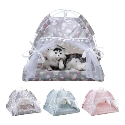 (S, C) Pet Tent Cat Bed Puppy House Cushion Pad Bed Flamingo Pattern Indo