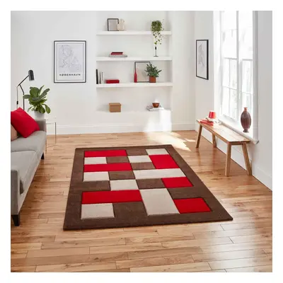 (Brown / Red, x cm - Runner) Think Rugs Brooklyn BRK04 Box Checkers Geometric Rugs Multi Colour 