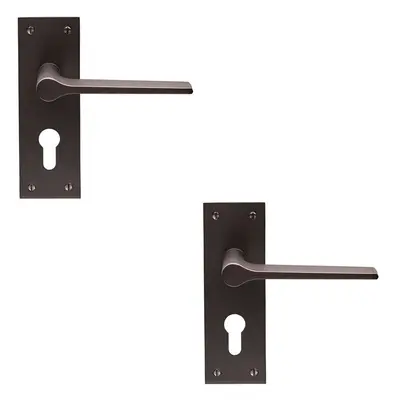 2x PAIR Flat Straight Handle on Slim Euro Lock Backplate x 50mm Matt Bronze