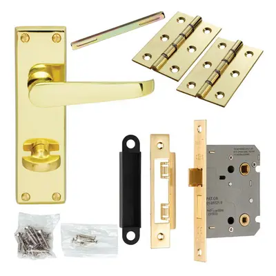 Door Handle & Bathroom Lock Pack Brass Victorian Flat Thumb Turn Backplate