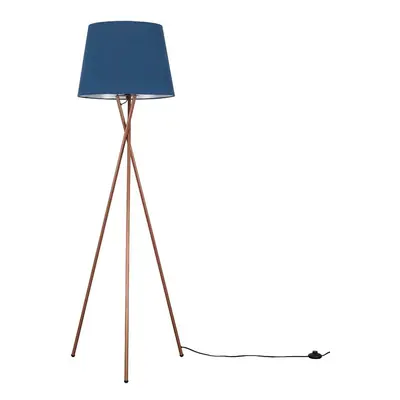 Modern Copper Metal Tripod Floor Lamp with a Navy Blue Tapered Shade