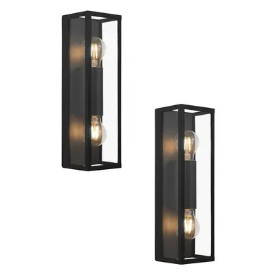 2 PACK Wall Light Colour Black Shade Clear Glass Metal Box Frame Bulb E27 2x60W