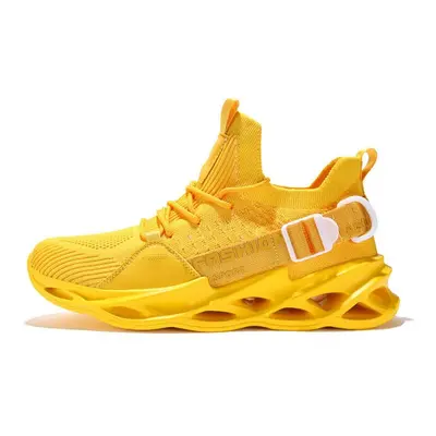 (Yellow, 10) Unisex Sneakers Mesh Breathable Running Light Soft Thick Sole Hole Couple Athletic 