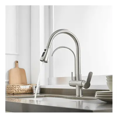 (Silver) in Kitchen Pull Down Sprayer Rotating Hot and Cold Water Mixer Tap Direct Drinking Fauc