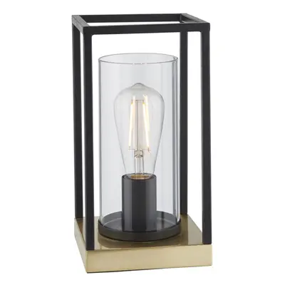 Matt Black Industrial Framed Table Lamp Light & Glass Shade - Satin Brass Base