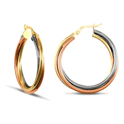 Jewelco London Ladies 9ct Yellow White and Rose Gold Russian Wedding Ring 3mm Hoop Earrings 29mm