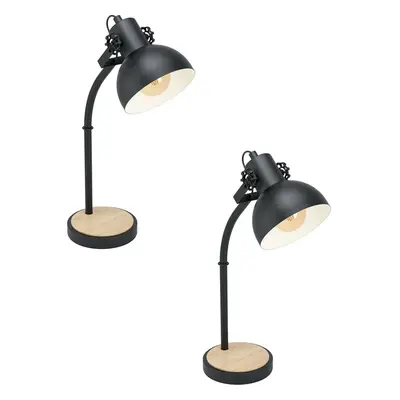 2 PACK Curved Table Lamp Desk Light Black Steel Shade & Wood Base 1x 28W E27