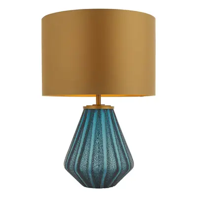 Turqoise Glass Base Table Lamp Light & Gold Fabric Shade - Black Textured Detail