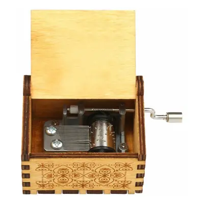 (Yellow) Vintage Wooden Theme Song Music Box Hand-operated Carved Engraving Case