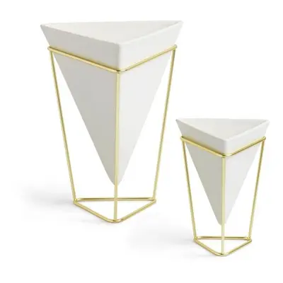 Umbra Trigg Desktop Planter Vase & Geometric Container - White Ceramic & Brass - Set of