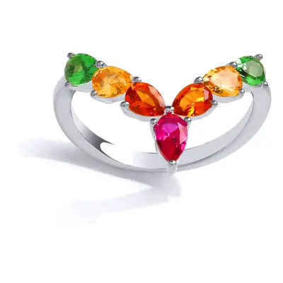 (Q) Jewelco London Ladies Rhodium Sterling Silver Multi Colour Pear Cubic Zirconia Rainbow Tropi