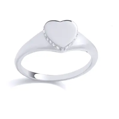 (K) Jewelco London Ladies Rhodium Plated Sterling Silver Edge Set Halo Love Heart Signet Ring - 