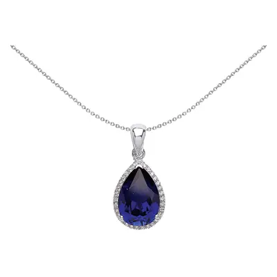 Jewelco London Ladies Sterling Silver Sapphire-Blue Pear Cubic Zirconia Halo Tears of Joy Pendan