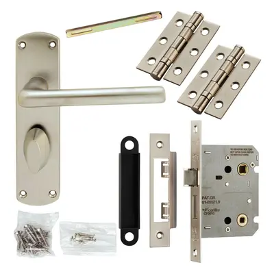 Door Handle & Bathroom Lock Pack Satin Chrome Modern Round Straight Backplate