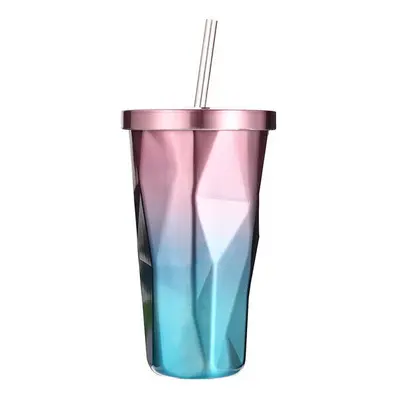 (Pink & Blue) 473L Stainless Steel Cups Gradient Color Diamond Double Wall Travel Water Bottles 