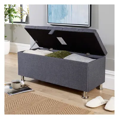 (Dark Grey) Home Source Pewter Padded Fabric Storage Ottoman