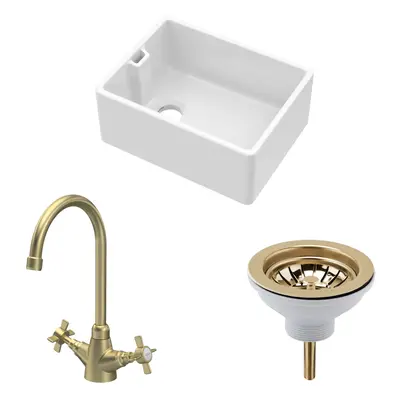 Fireclay Kitchen Bundle - Single Bowl Belfast Sink, Strainer Waste & Mono Crosshead Tap, 595mm -