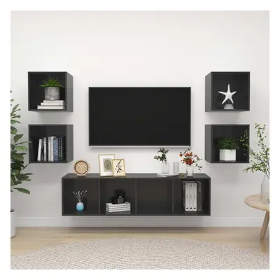 vidaXL TV Cabinet Set Piece High Gloss Grey Chipboard Stand Living Room