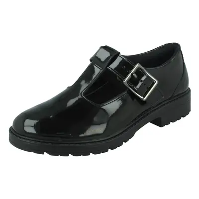 (Black, UK Child) Girls Clarks T-Bar School Shoes Loxham Shine