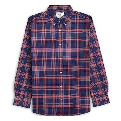 (L, Navy/Red) Lambretta Mens Long Sleeve Checked Checkered Smart Shirt - Navy/Red