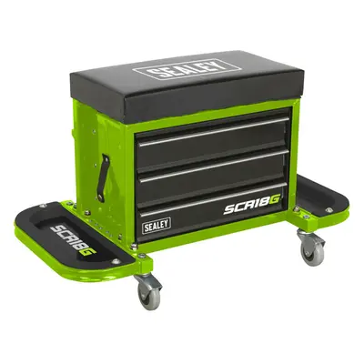 Mechanics Utility Seat & Toolbox - Folding Side Trays - Swivel Castors - Green