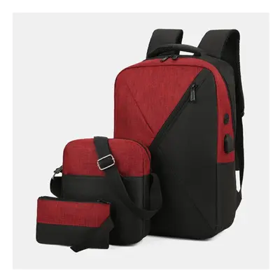 (Red) 3Pcs Men Oxford Wear Resistant Breathable Patchwork Large Capacity Casual Backpack Chest B