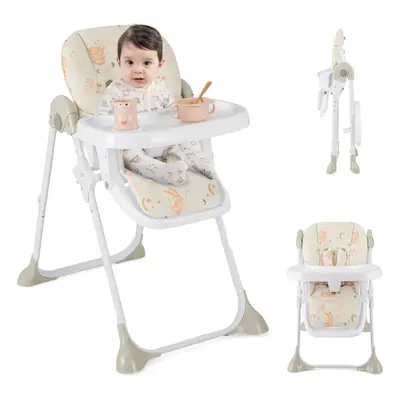 Baby High Chair Folding Dining Chair W/ Adjustable Tray & Wheels Beige