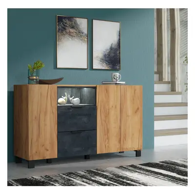 Furneo Sideboard Oak & Black Concrete Effect Cabinet Cupboard Unit White LED Lights Enzo