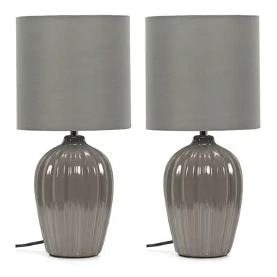 Pair of Grey Fluted Ceramic Table Lamps with Fabric Shade Light