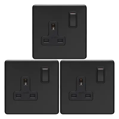 3 PACK Gang DP 13A Switched UK Plug Socket SCREWLESS MATT BLACK Wall Power