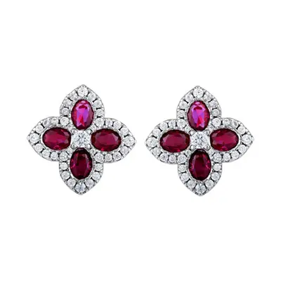 Jewelco London 14k Gold-plated Silver Red Oval CZ Pointed Quatrefoil Clover Stud Earrings - AES2