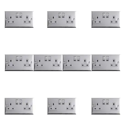 10 PACK Gang Double UK Plug Socket POLISHED CHROME 13A Switched GREY Trim