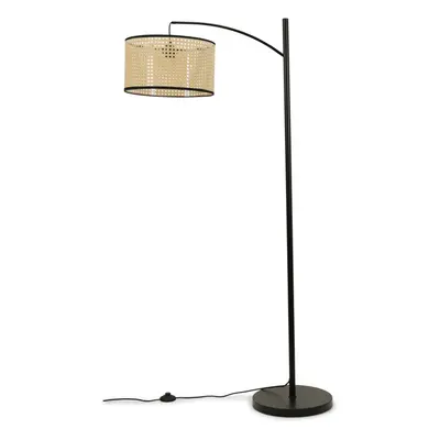 Black Metal Curve Standing Floor Lamp and Cane Rattan Trim Shade + LED