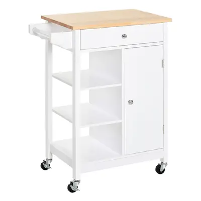 HOMCOM Kitchen Storage Trolley Unit Wood Top Shelves Cupboard Drawer Rail White