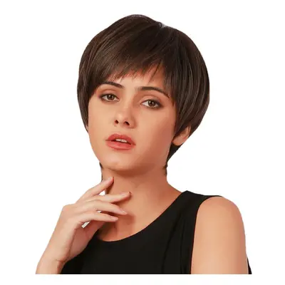 Dark Brown Short Straight Hair Breathable Bangs High Temperature Fiber Wig