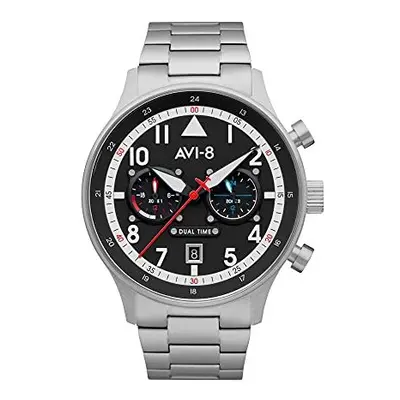 AVI-8 Mens 43.5mm Hawker Hurricane Carey Dual Time Rangoon Japanese Quartz Pilot Watch with Stai