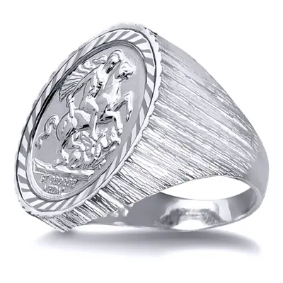 (X) Jewelco London Men's Solid Silver Ribbed Barked St George & Dragon Medallion Ring (Full Sov 