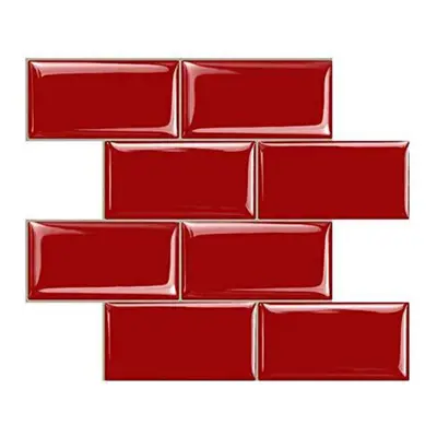 (Red) 12inch DIY Tile Stickers 3D Brick Wall Self-adhesive Sticker Bathroom Kitchen