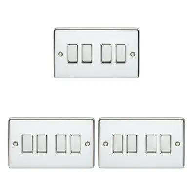 3 PACK Gang Metal Quad Light Switch POLISHED CHROME Way 10A White Trim